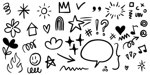 collection of hand drawn doodle elements including arrows, stars, hearts, speech bubbles, flowers, clouds, and abstract symbols.