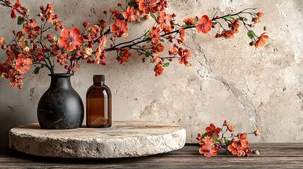 Minimalist beige stone podium & dried-flower mockup, clean copy-space for cosmetic bottle hero, poster or social post.