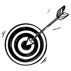 black and white hand-drawn illustration of an arrow hitting the bullseye target. Perfect for concepts of accuracy, success, goal achievement, precision, and focus.