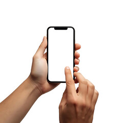 Man holding smartphone with blank white screen on clean background, isolated hands showing mobile device for mockup