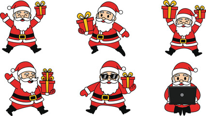 Funny cartoon Santa Claus characters holding Christmas gifts and working on laptop, festive holiday vector illustration set for design