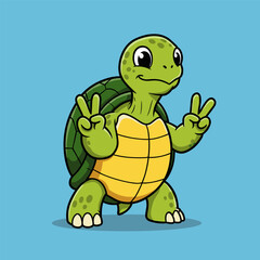 Cheerful cartoon green turtle stands up, flashing double peace signs against a blue background.