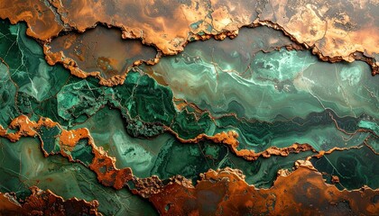 Abstract background of green marbled mineral and corroded copper metal texture.