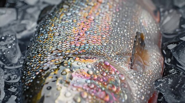 Fresh Rainbow Trout Covered in Water Droplets on Ice, Close Up