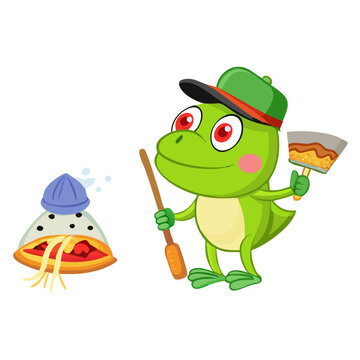 Cartoon frog character with a backwards cap smoking and eating a slice of pizza character design
