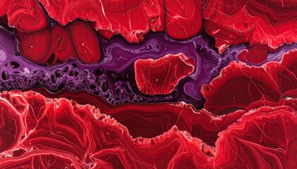 Abstract macro view of red and purple flowing organic textures.