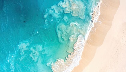Aerial view of stunning turquoise ocean waves crashing onto a pristine sandy beach, creating a beautiful natural pattern.