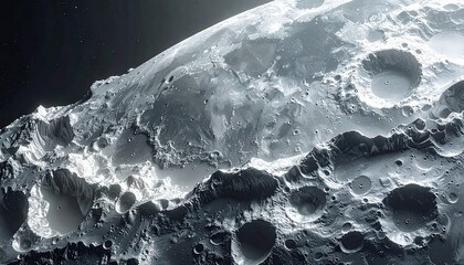Close-up of the Moons surface with numerous craters and rugged terrain, showcasing the lunar landscape in detail.