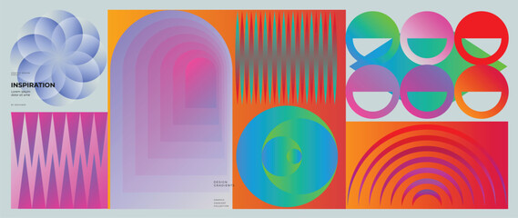 Fototapeta na wymiar Abstract gradient geometric poster vector set with circles, waves, layered arches and optical shapes. Designed for modern posters, backgrounds, web banners, product packaging and digital design.