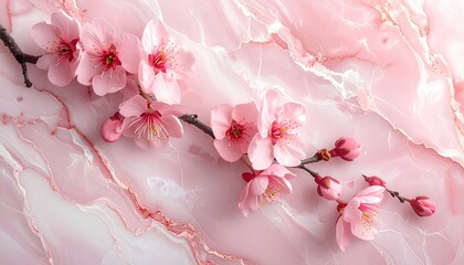 Delicate Pink Cherry Blossom Branch on a Soft Marble Background.