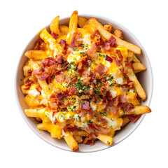 Bowl of cheese fries with bacon isolated on transparent background.