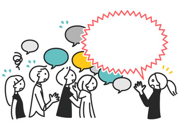 意見が飛び交う中で目立つ声　SNS議論・炎上イメージのモノクロ線画