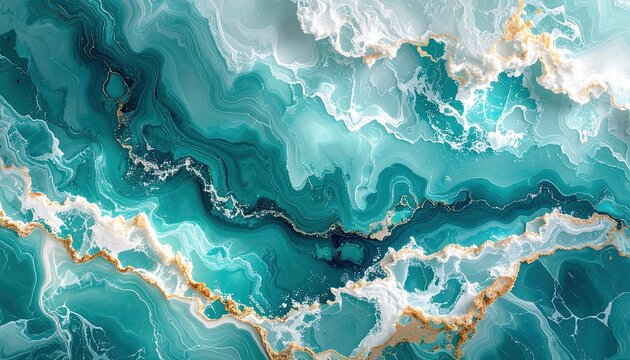 Luxurious turquoise and gold liquid ink swirls background.