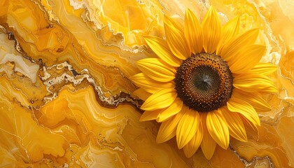 Vibrant Sunflower on Golden Marble Background.