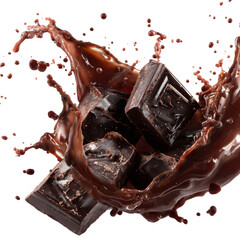 Dark chocolate chunks splashing into liquid chocolate, isolated on transparent background.
