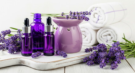 Lavender essential oil bottles, fresh lavender flowers, an aroma diffuser, and rolled towels for a relaxing spa and aromatherapy concept.