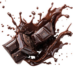 Dark chocolate chunks splashing in rich liquid chocolate isolated on transparent background.