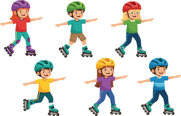 Children roller skating, kids in helmets, outdoor activity, skating balance, safety gear, fun sport, cartoon illustration, motion pose, white background