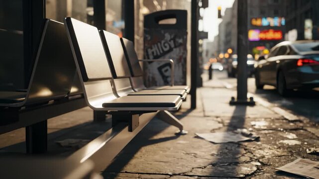 Waiting Bench Standing Empty at Bus Stop in Busy Urban City Center