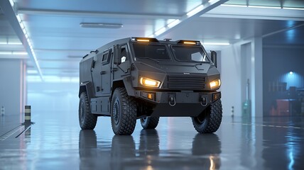 Dark Gray Armored Military Vehicle with Orange Lights in a Warehouse armored vehicle truck