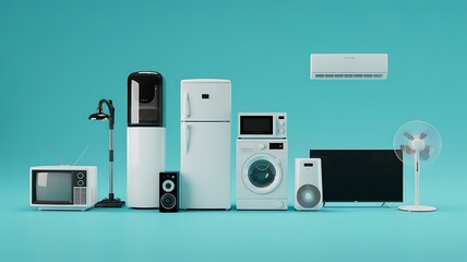 Collection of White Home Appliances and Electronics on a Teal Background image photo
