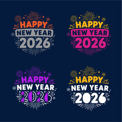 Colorful graphic designs celebrate the upcoming New Year, featuring the year 2026.
