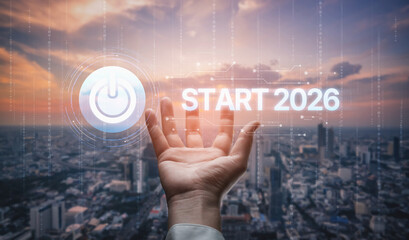Start 2025 concept with futuristic power button symbolizing fresh beginnings, innovation, and...
