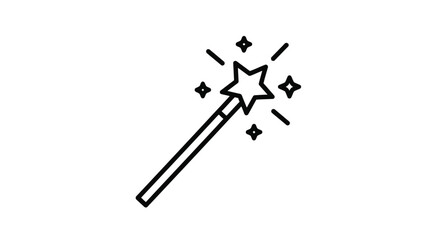 Simple black and white line drawing of a magic wand with sparkles