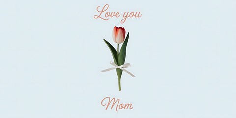 Single Red and White Tulip with Ribbon and Text Love You Mom flower
