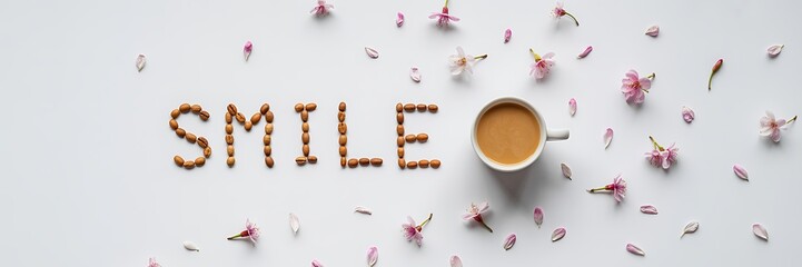 Smile Text Made Of Coffee Beans And Coffee Cup With Cherry Blossoms word