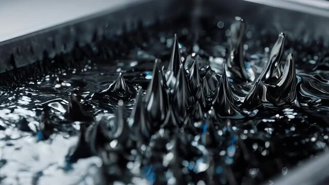 Ferrofluid Responding To Magnetic Field Creating Abstract Spiky Patterns In Liquid Metal With Blue Hues