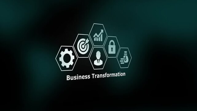 A visual representation of Business Transformation featuring strategy, analytics, workflow, and security symbols to illustrate modern organizational evolution.
