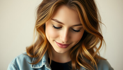 Fototapeta premium Portrait of a Smiling Woman Serene Beauty, Warm Light & Natural Elegance