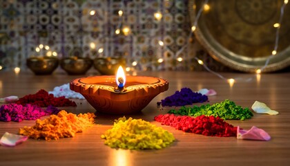 Obraz premium Glowing diya surrounded by vibrant gulal powders and petals on a festive wooden table