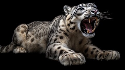 Snow leopard lies down, roaring mouth open on black background, wildlife