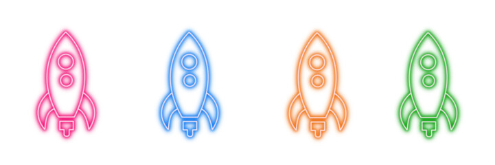 Neon glowing rocket vector icons set, spaceship, cosmos, startup, launch, future, vibrant colorful digital design illustration on transparent background.