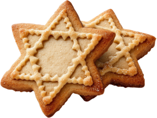 Two delicious Star of David cookies for Hanukkah celebration, traditional Jewish holiday sweet pastry treat isolated on a Transparent Background for easy design use