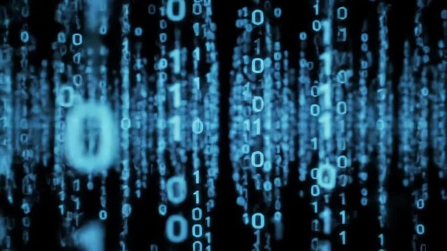 Abstract digital data streams of ones and zeros, falling, in a network, used for technology backgrounds