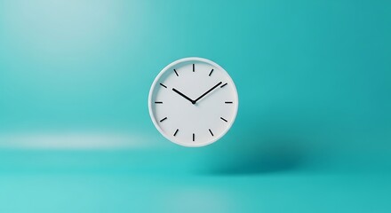 Minimalist white clock floating against vibrant teal background, signifying time passing