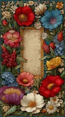 Illuminated manuscript floral frame with intricate medieval decorations, ornate borders, colorful flowers, elegant vintage design, decorative manuscript elements, and classic ornamental style