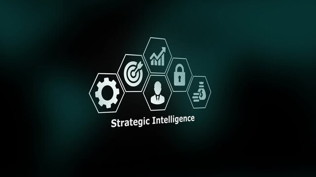 Strategic Intelligence Interface with Futuristic Icons of Growth, Data Analytics, and Decision-Making Tools for Smart Business Management.