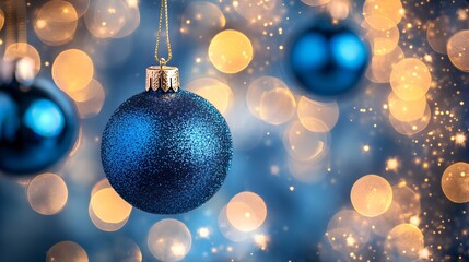 Fototapeta premium Sparkling blue Christmas ornaments shimmer against a magical bokeh background of warm golden lights creating a festive and elegant holiday celebration atmosphere.