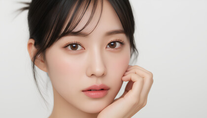 黒髪アップスタイルの女性、素肌の透明感を際立たせたビューティーポートレート