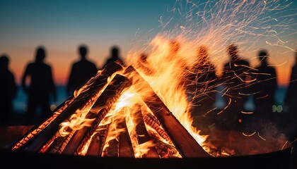Bonfire burning brightly with sparks flying, silhouetted friends gathered at twilight.