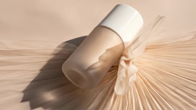 Beige foundation bottle on pleated backdrop with shadows for beauty concept.