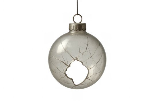 Broken christmas ornament representing fragility, end of holiday season, disappointment, or a sad new year