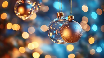 Fototapeta premium Sparkling Christmas ornaments gleam with festive bokeh lights creating a magical holiday atmosphere for joyous celebrations and warm winter greetings