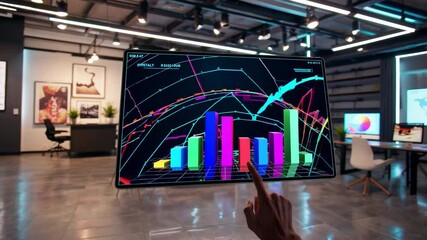 Colorful bar graph digital data visualization interactive screen modern office, futuristic analytics technology, business growth and creative - Powered by Adobe