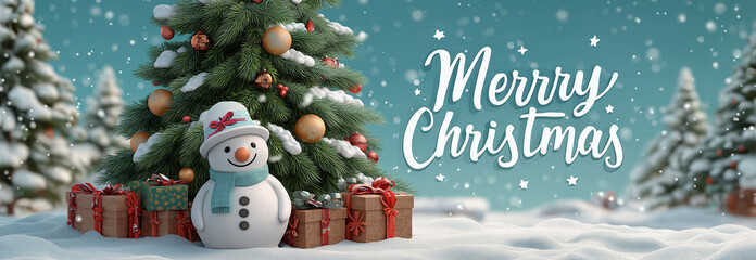 In a winter environment, a snowy Christmas tree with gold decorations, a happy snowman, wrapped presents, and a Merry Christmas sign