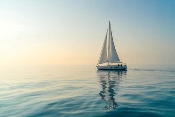 White Sailboat Navigates Serene Ocean Waters with Soft Sunrise Light on the Horizon sailing yacht